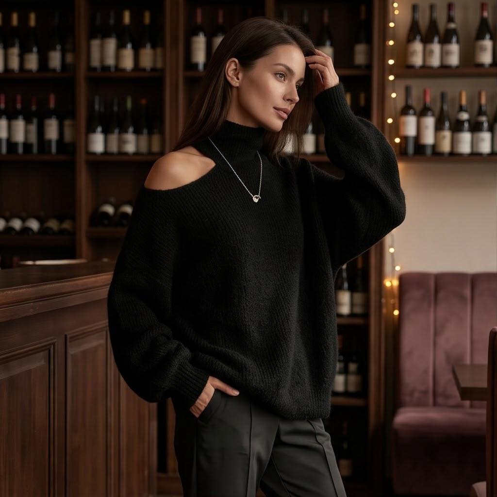 Women's Casual Oversized Knit Pullover Sweater with Asymmetric Neckline and Puff Sleeves