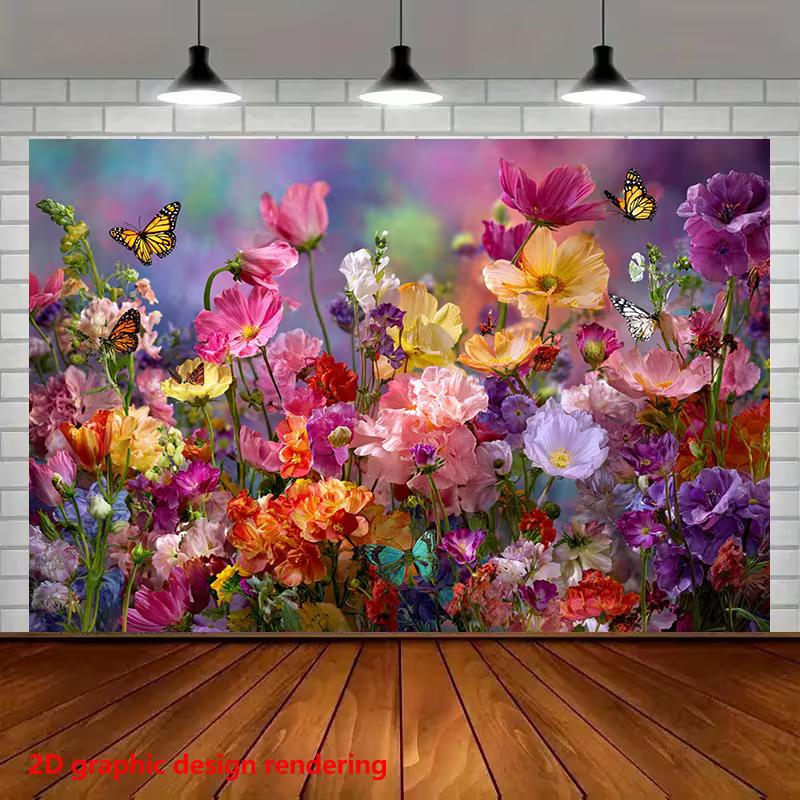 2D Colorful Wildflower Backdrop with Butterflies Background Cloth