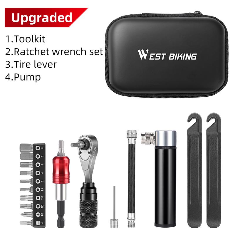 WEST BIKING Portable Toolkit Multifunctional Repair Tool Bag Ratchet Wrench Kit Tire Lever Mini Pump Tools Set Bike Accessories