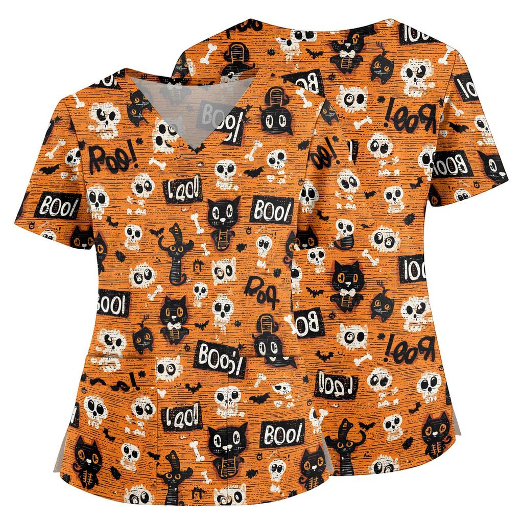 Women's Halloween Print V Neck Medical Scrub Top with Pockets Side Slit Short Sleeve Nurse Uniform Shirt for Healthcare Professionals