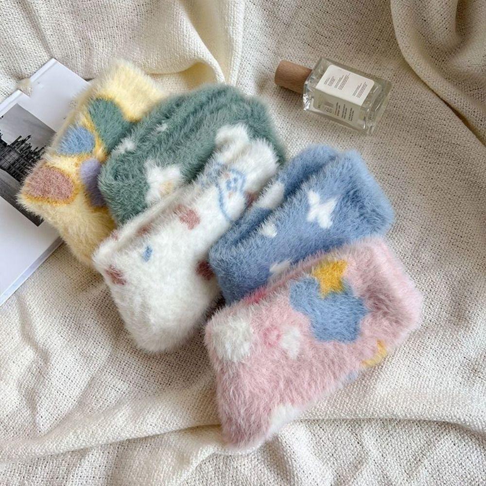 5Pairs Sweet Mink Fur Socks Cartoon Thicken Warm Socks Kawaii Plush Socks  Fall Winter