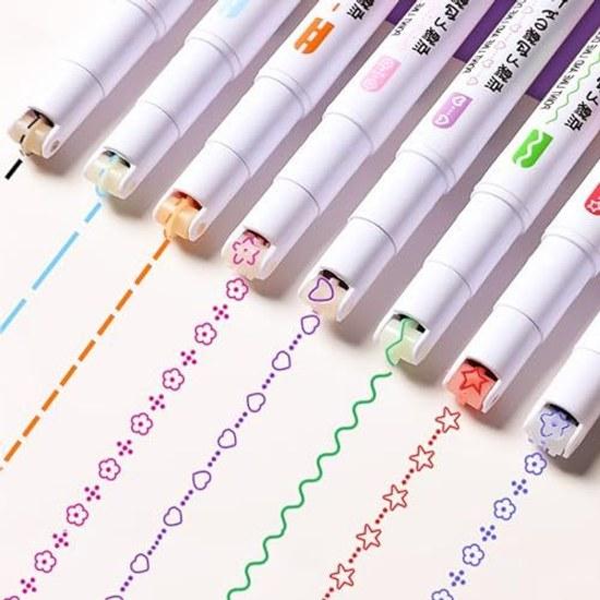 Curve Pen Water-based 6 Types 8 Colors Dual Tip Color Highlighter Roller Stamp Heart Line Floral Pattern Wavy Drawing DIY (8 Set) Illustration Office