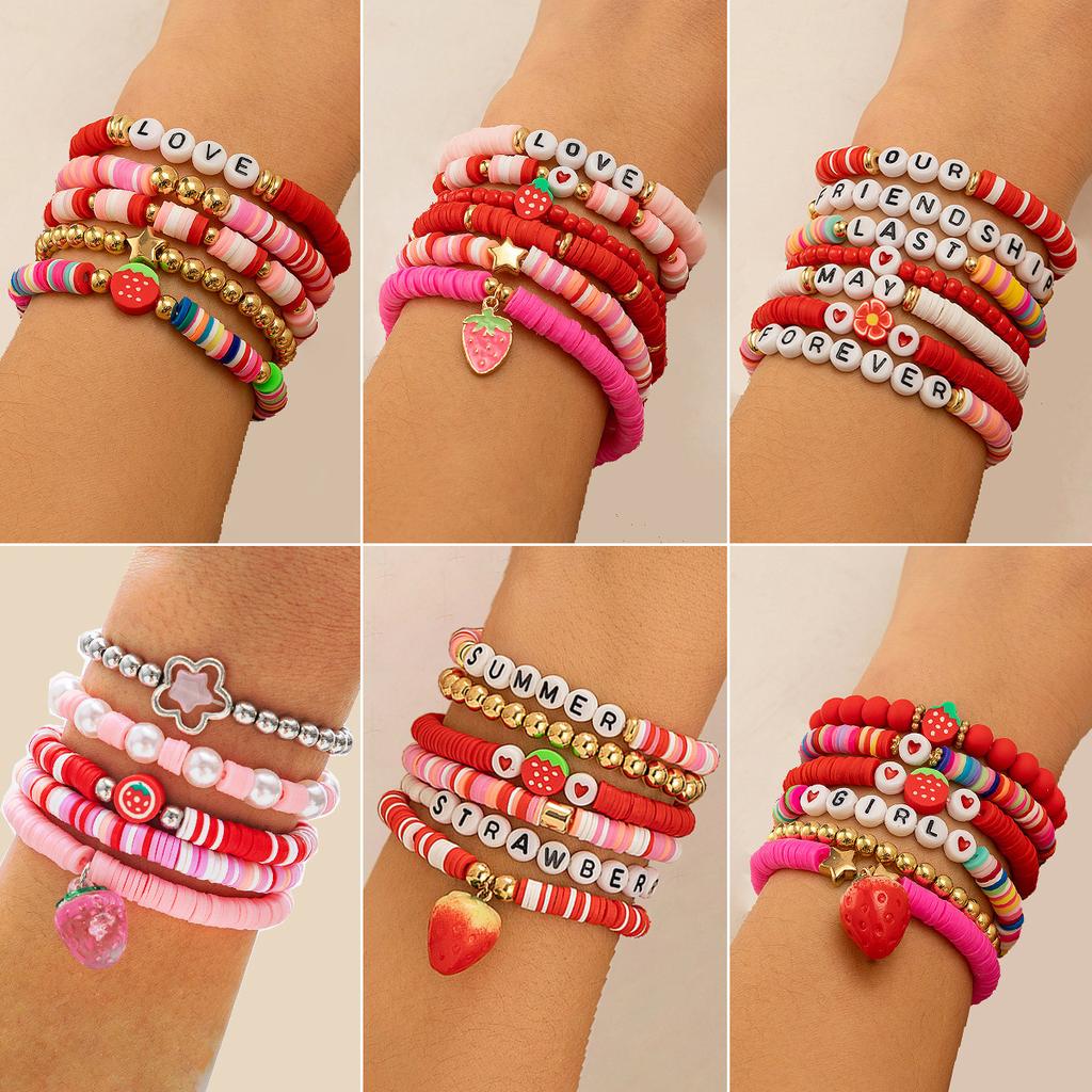 Sweet Cool Wind Strawberry Soft Pottery Beaded Bracelet Female Bohemian Letter Elastic Bracelet