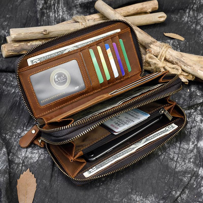 Men'S Crazy Horse Leather Long Wallet Genuine Leather Double Zipper Wallet Double Layer Wallet Men'S Crazy Horse Leather Clutch 1009