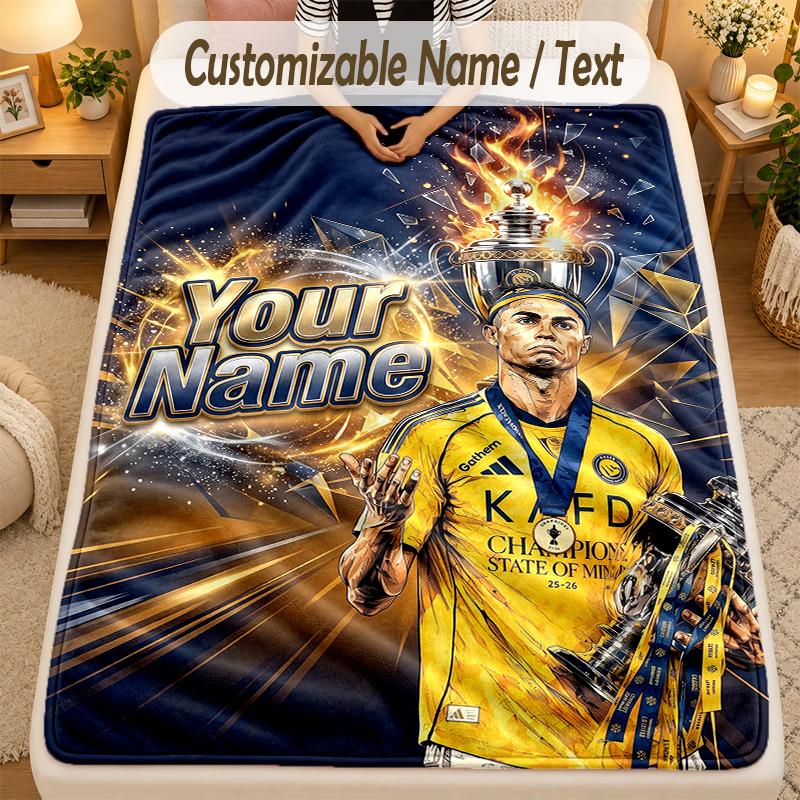 Flannel BlanketCristiano Ronaldo Custom Name Text Personalized Soft Warm Throw Blanket Home Decor Gift