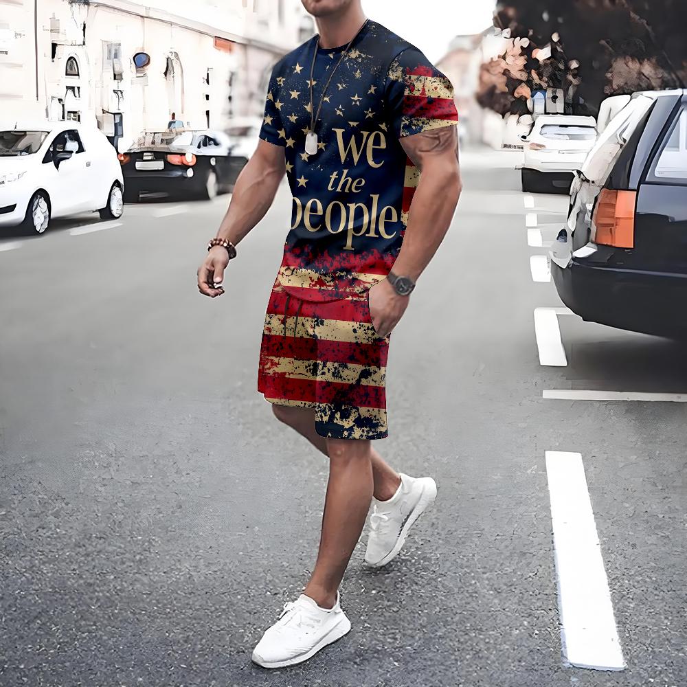 American Flag Print Short Sleeve Tee Shorts Set Casual Men's T-shirt Shorts 2-piece Set Quick Drying Breathable Mesh T Shirt