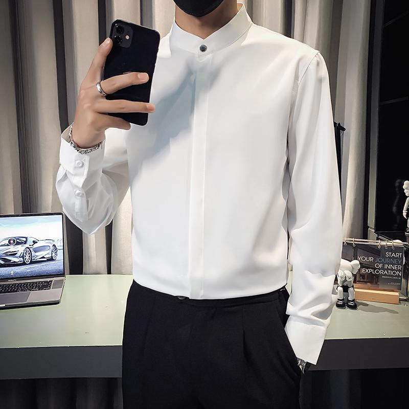 Spring New Solid Color Shirts Men Korean Fashion Stand Collar Long Sleeve Men's Social Dress Shirt