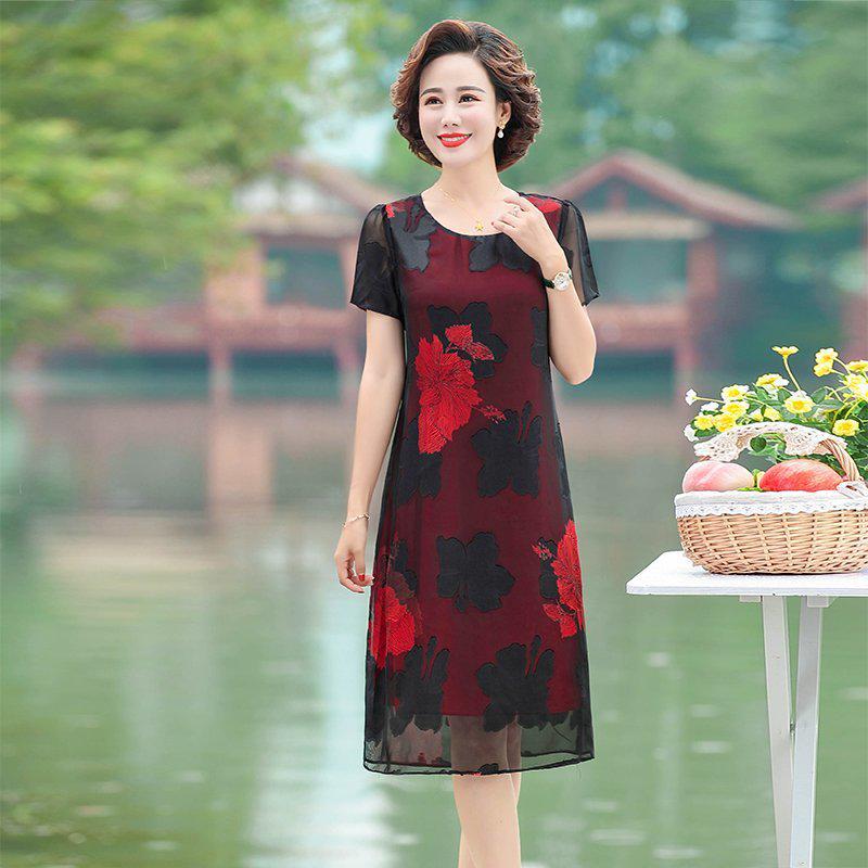 Women's Summer Floral Chiffon Dress - Loose Fit, Plus Size, Slimming, Korean Style for Middle-aged Mothers