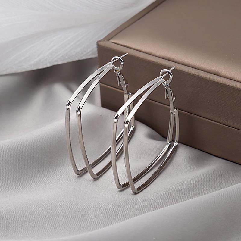 Silver Needle Double Layer Geometric Hoop & Square Ear Cuffs - Versatile European & American Fashion Rhombus Earrings
