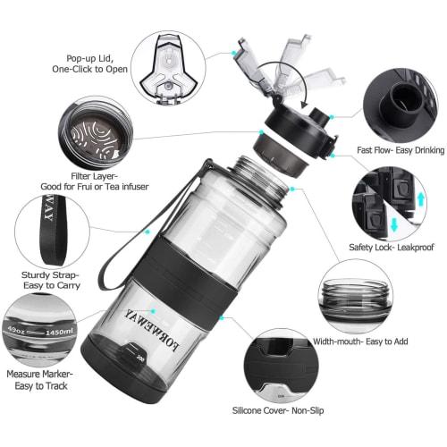1.5L FORWEWAY Water Bottle, BPA-Free, with Filter, Large Capacity, Food-Grade Material, Reusable, Leak-Proof, Automatic Pop-Up, Direct Drinking, Sport