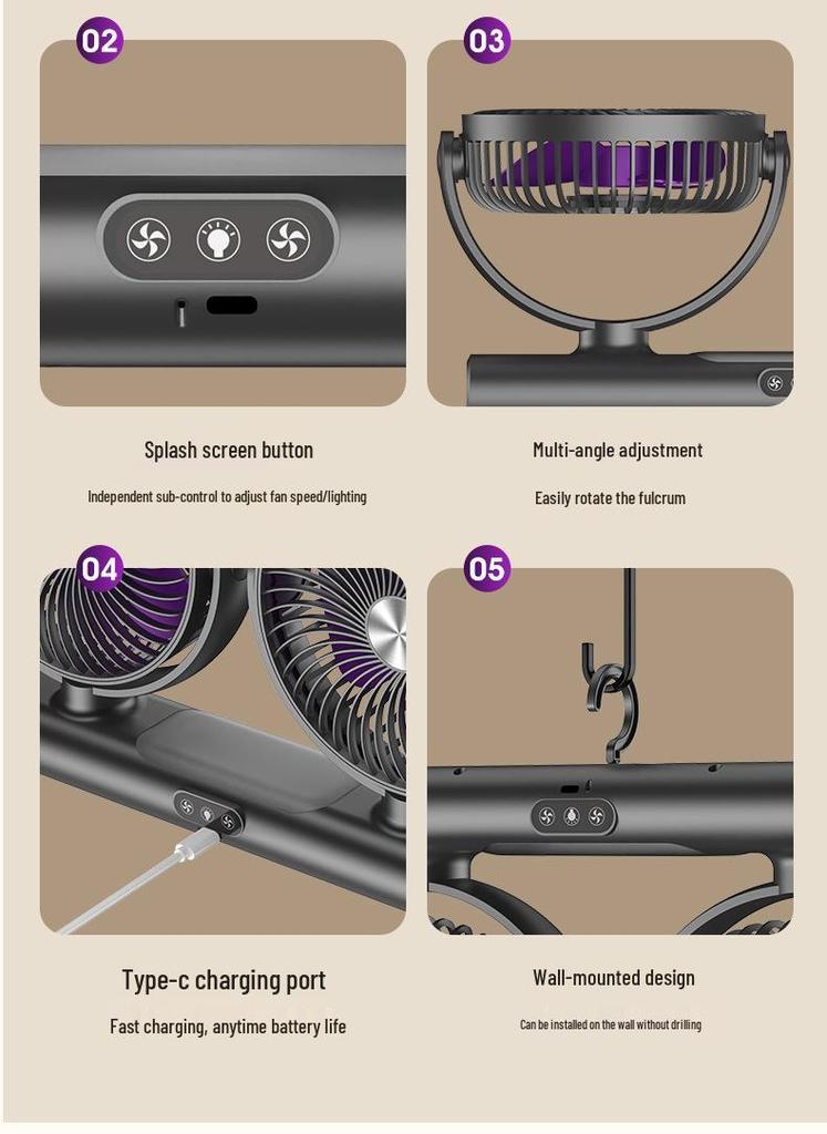 Adjustable Double-Head Fan with Light for Home & Outdoor - Multi-functional Desktop Fan