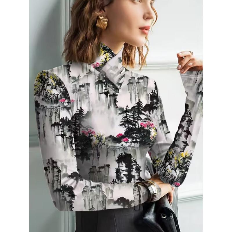 Ladies Shanshui Former Residence Long Sleeve Shirt - Half Turtle Collar T-Shirt Top, Slight Elasticity - Versatile Shirt for All Seasons