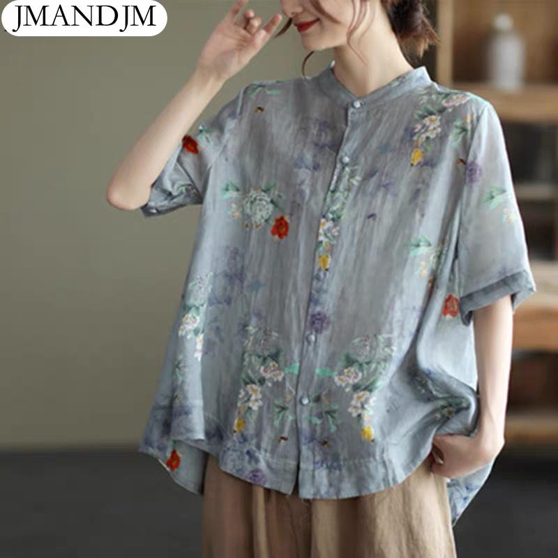 

Большие размеры 2021, женская блузка с принтом, летние винтажные базовые рубашки в стиле пэчворк, свободные повседневные базовые корейские женские оверсайз