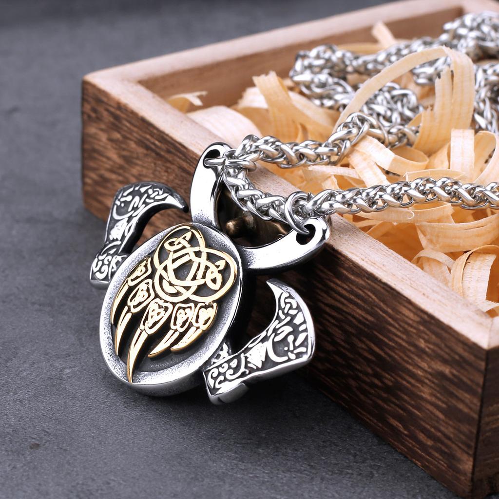 Stainless Steel Viking Bear Claw Axe Necklace Mens Nordic Amulet Pendant Vintage Jewelry Gift for Men