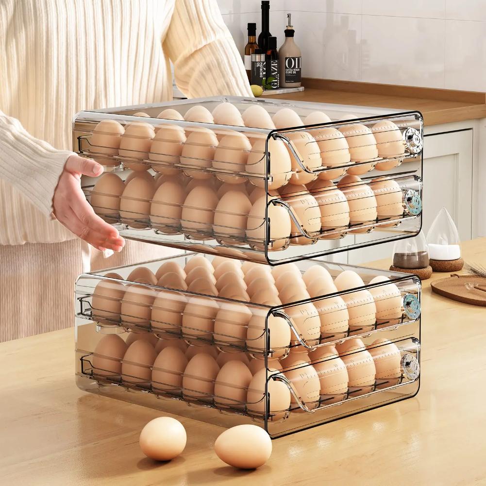 Držák na vejce do zásuvky chladničky, organizér s časovou stupnicí, průhledná krabička na čerstvé skladování vajec do chladničky, velkokapacitní plato na vejce