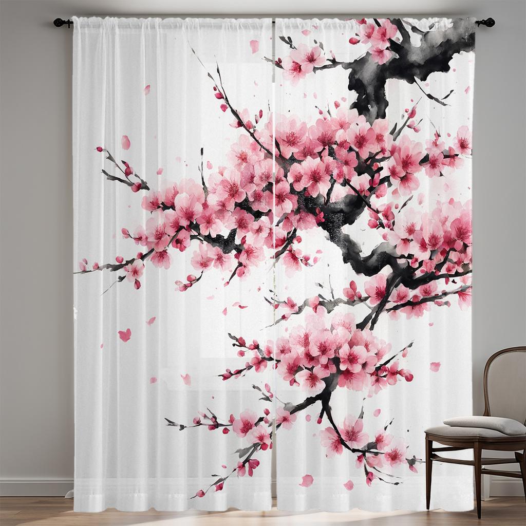 Sakura Curtains Pink Floral Hd Print Polyester Pocket Rod Living Room Bedroom Light Filtering Made Of Machine Washable Great Window Treatment