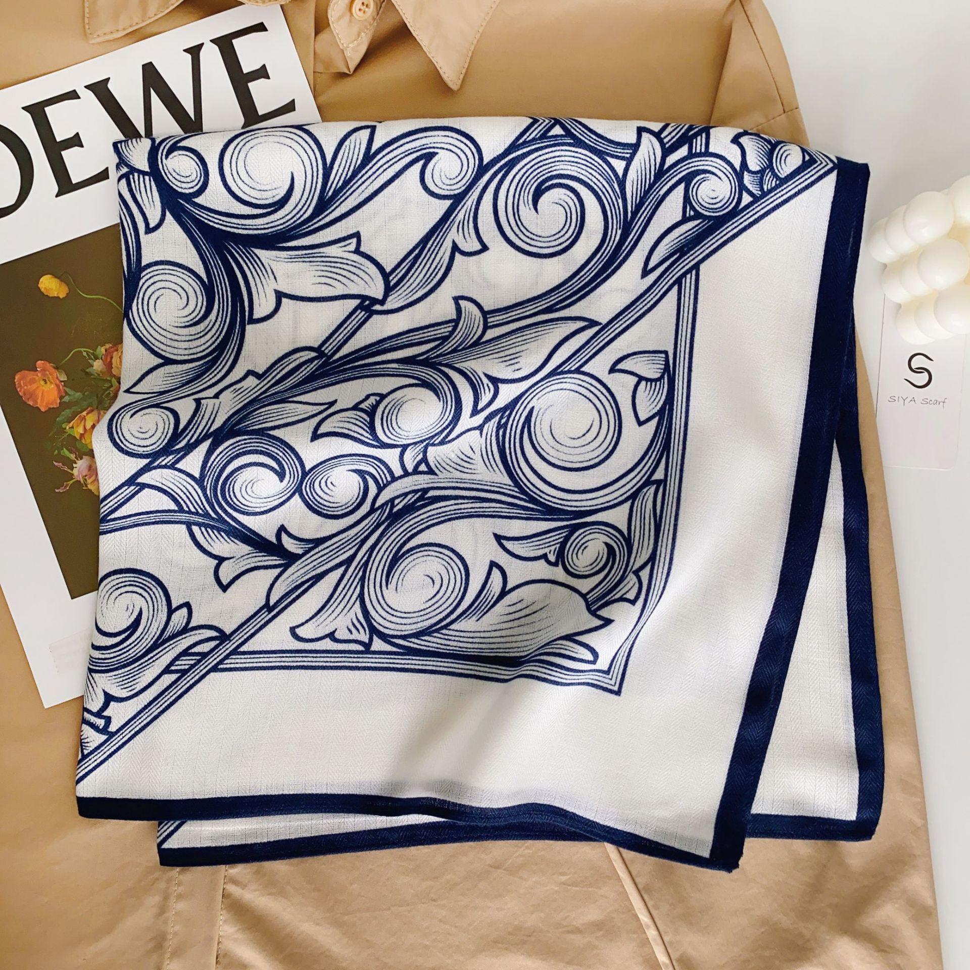 

Модная бандана, хлопковый шейный шарф, женский роскошный шарф с цветочным принтом, носовой платок, квадратная повязка на голову 68x68cm темно-синий