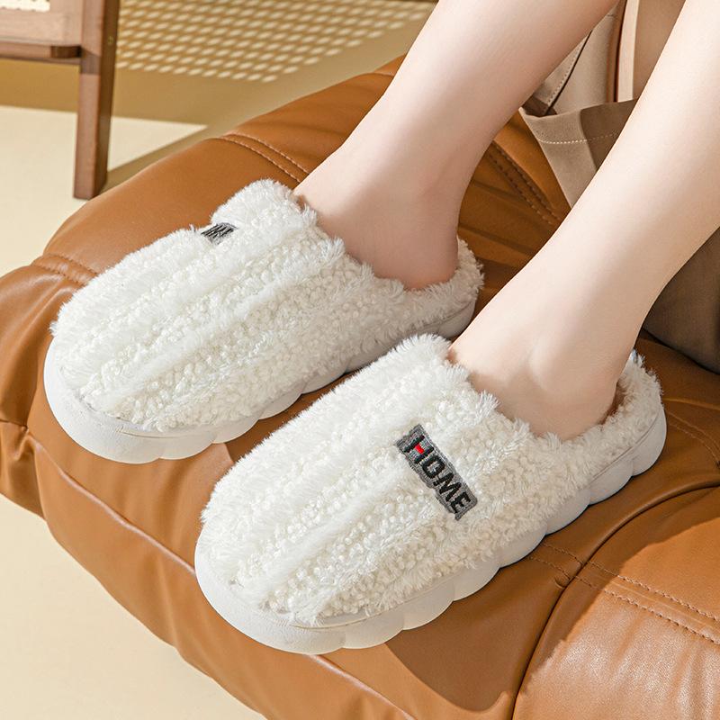 Fashion Winter Velvet Women Cotton Slippers Indoor Home Casual Toe Wrap Slides Men Anti Slip Autumn Thick Soled Slippers