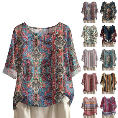 Women's Fashionable And Casual Shirt Half-sleeve Round Neck Print Blouse Top