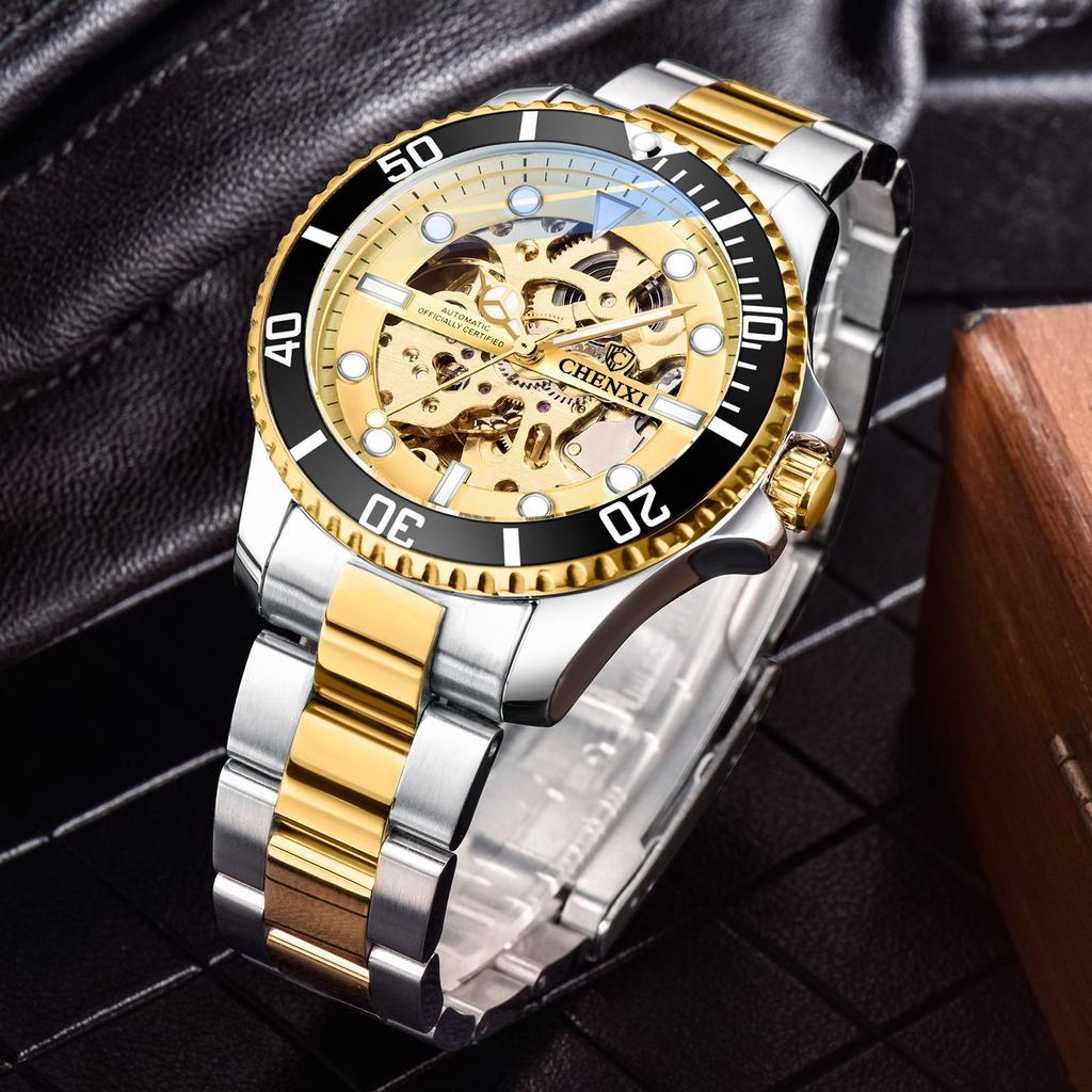 Chenxi Classic Watch Men Unique Dial Green Watches Luxury Gold Skeleton Automatic Mechanical Wristwatches Men Fashion Watches
