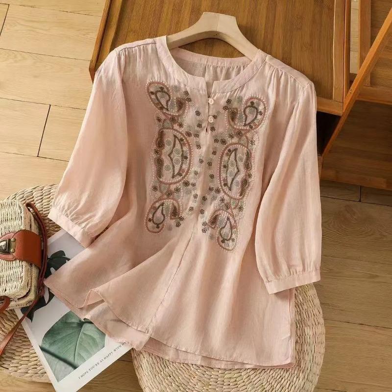 women ethnic embroidery linen blend blouse stand collar three quarter sleeve casual loose fit top