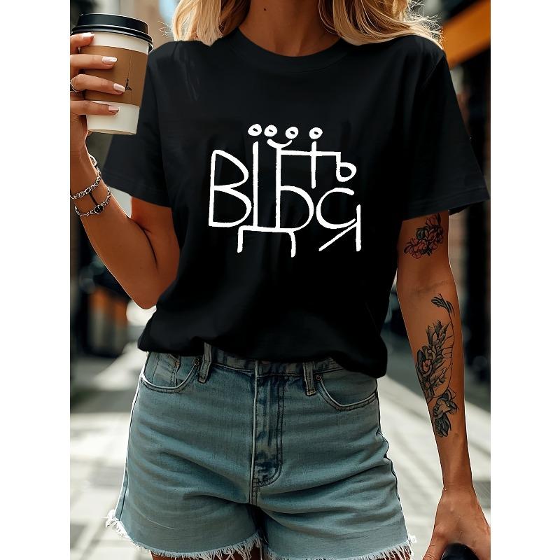 

T-Shirt Featuring Abstract Art Slogans and Letters From Ukraine, Black Short-Sleeve Round-Neck Printed Tee - Machine Washable, Casual Style, S чёрный