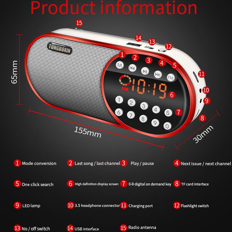 Portable Mini FM Radio Wireless Bluetooth 5.0 Speakers TF\USB\LED Flashling Function Support 3.5mm Earphone MP3 Player