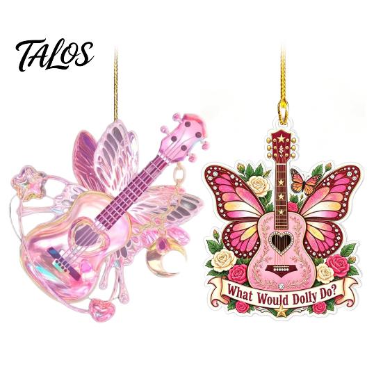 Festival Decorative Ornaments Pink Guitar Butterfly Ornament, Acrylic Music Hanging Decor with Rose Themed Christmas Decorations And Quote,