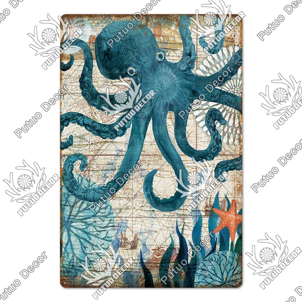 Decor Marine Animals Tin Sign Vintage Plaque Metal Wall Retro Posters for Beach Bar House Decorative Art Iron Painting