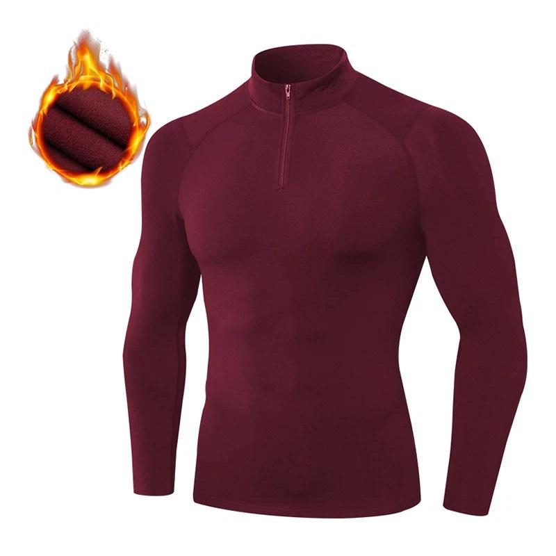 Men's Autumn Winter Fleece Fitness Clothes High Elastic Compression Sports Running Training Long Sleeve Warm Stand Collar Sweatshirt