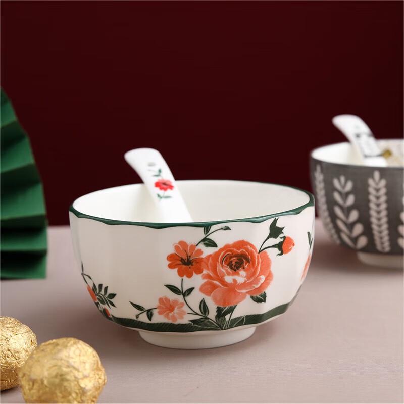 Chinese Style Printed Ceramic Bowl & Spoon Set