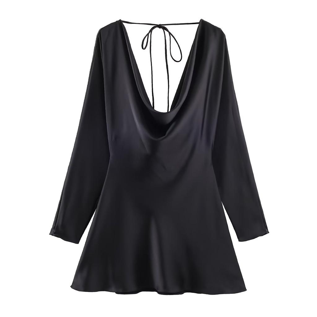European and American spring new French sexy swinging collar solid color silk satin texture drape slim slim dress