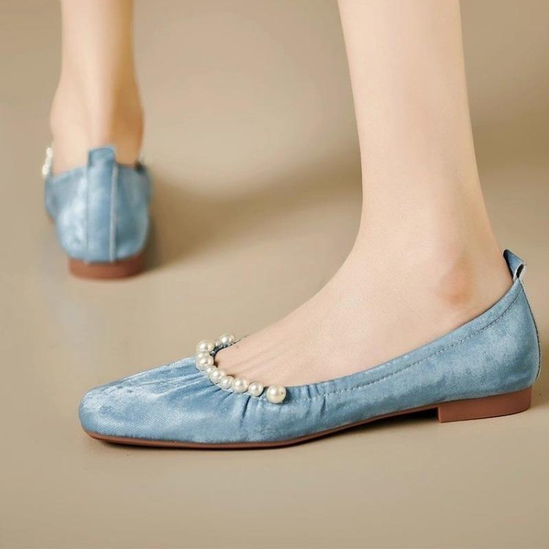 

2024 Новая мода весна и осень женская обувь квадратный носок плиссированный низкий каблук слипоны однотонные женские туфли неглубокий носок 40 небесно-голубой