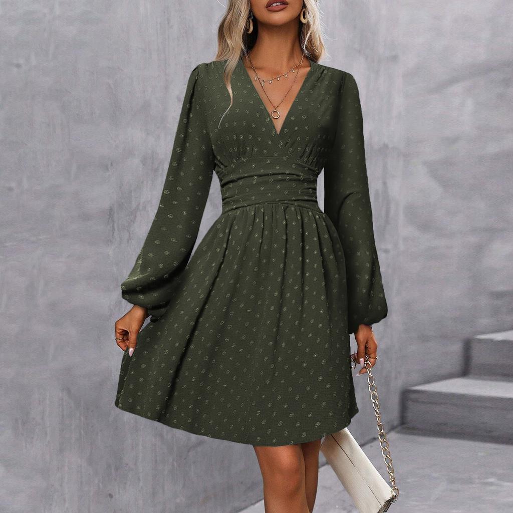 Women's Fashionable Solid Color V Neck Long Sleeved Pleated Versatile Dress