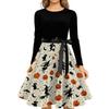 Women Casual Vintage Halloween Print Dress Long Sleeve Round Neck Retro Fit and Flare Midi Dress with Waist Tie Belt