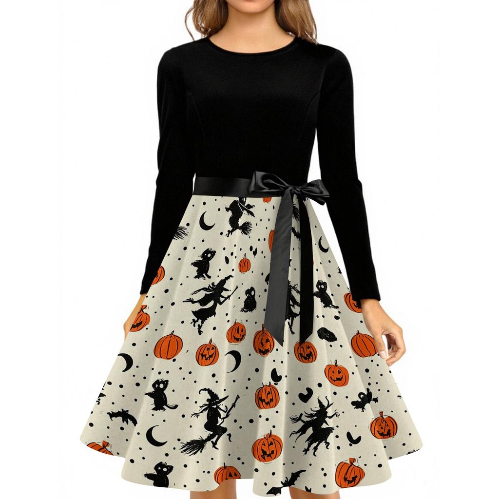 Women Casual Vintage Halloween Print Dress Long Sleeve Round Neck Retro Fit and Flare Midi Dress with Waist Tie Belt