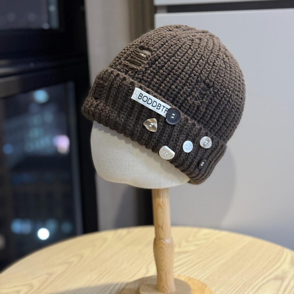 Distressed Knitted Woolen Hat with Holes for Women Autumn and Winter Retro Baotou Cold Hat for Men