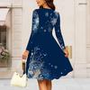 Women Plus Size Round Neck Long Sleeve Dark Blue Snowflake Printed A Line Dress