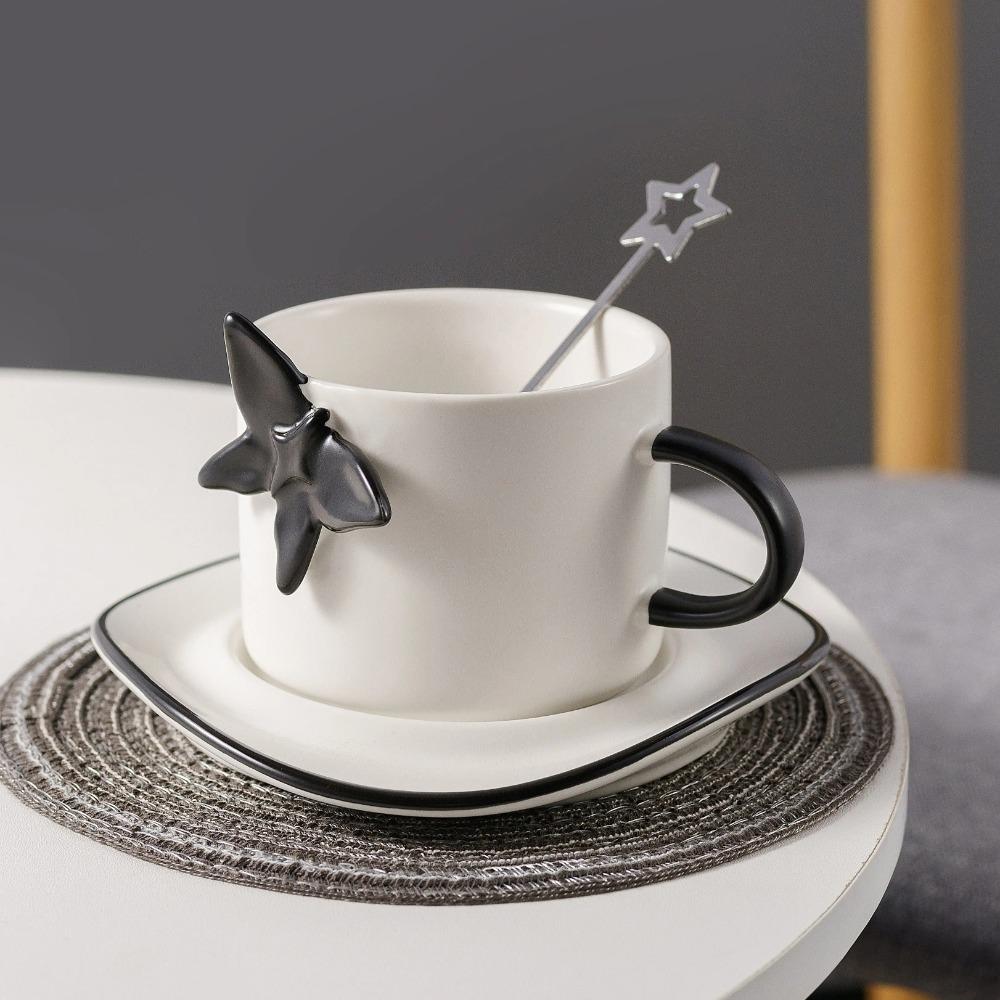 

European Butterfly Ceramic Cup Irregular Dish Simple Spoon Coffee Cups Black White Gray Mug Exquisite Drinkware Friend Gift