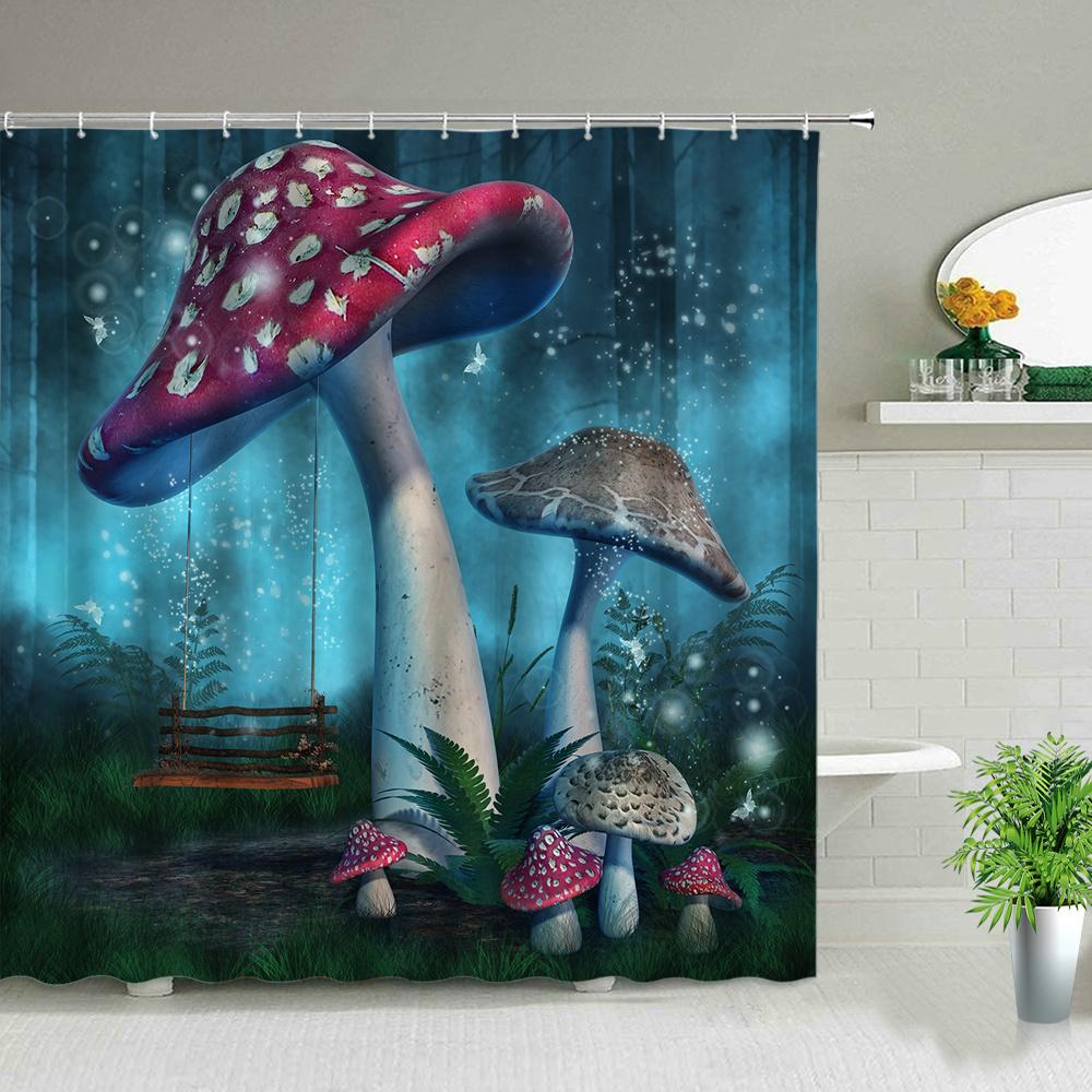 Fantasy Forest Shower Curtain Set Mystery Fairy Forest  Mushroom Flower Plant Home Bathroom Decor Curtains  Bath Accessory Set