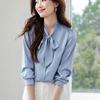 Blue Bowknot Shirt With Satin Fabric And Tie Detail For Office Women