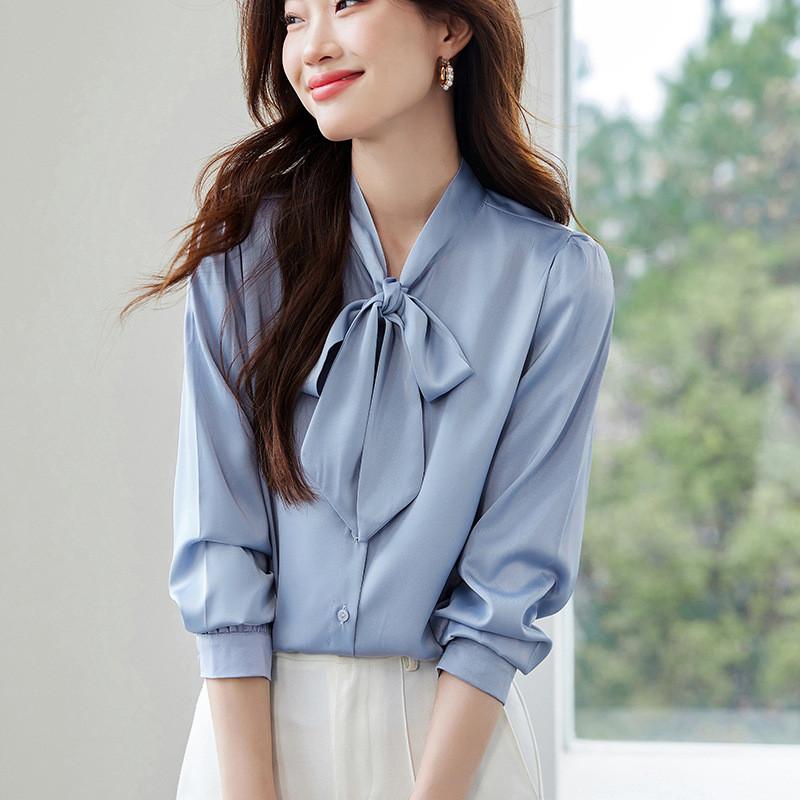 Blue Bowknot Shirt With Satin Fabric And Tie Detail For Office Women