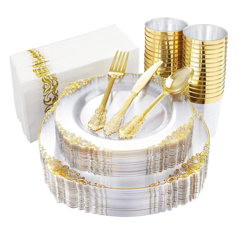 25p Transparent Hot Stamping Plate Disposable PS Hard Plastic Tableware Gold Border Relief Plate Multi-color European Tableware