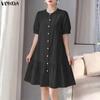 Sommer Damen Kurzarm Rundhals Rüschensaum Lässig Mini Hemdkleid