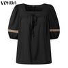VONDA Elegant Women Square Collar Puff Sleeve Crochet Patchwork Casual Blouse