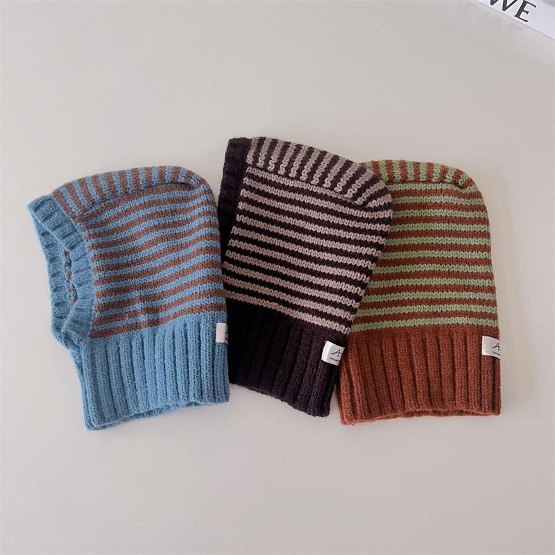 Winter Kids Scarf One-Piece Hat Fashion Striped Knit Ear Protection Hats Children Balaclava Headgear  Baby Hooded Beanie