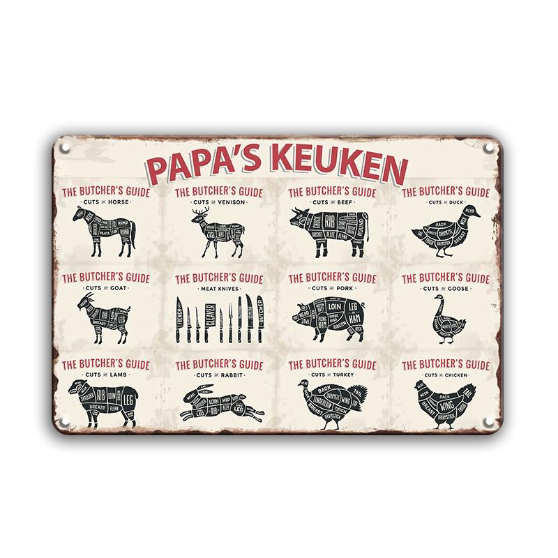 INEED Antikes „The Butcher's Guide“-Blechschild im Vintage-Stil, Tier-Küchen- und Marktdekor, Blechschild, Kunstposter, Metallplatte, Wanddekoration
