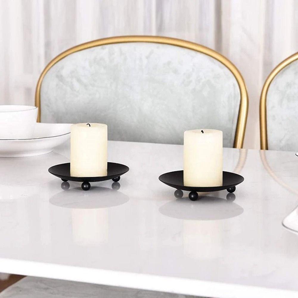 Round Iron Candle Holder Black Festival Candlestick Holder Simple Pillar Metal Plate  Wedding Party