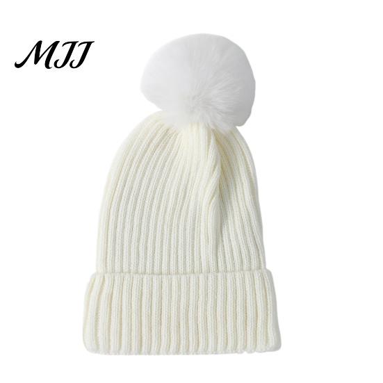 Warm Knitted Hats Winter Hat with Fluffy Fur Ball, Thick Cuffed Cap, Elastic Soft Outdoor Travel Headgear Stretchy Fabric Solid Color for And