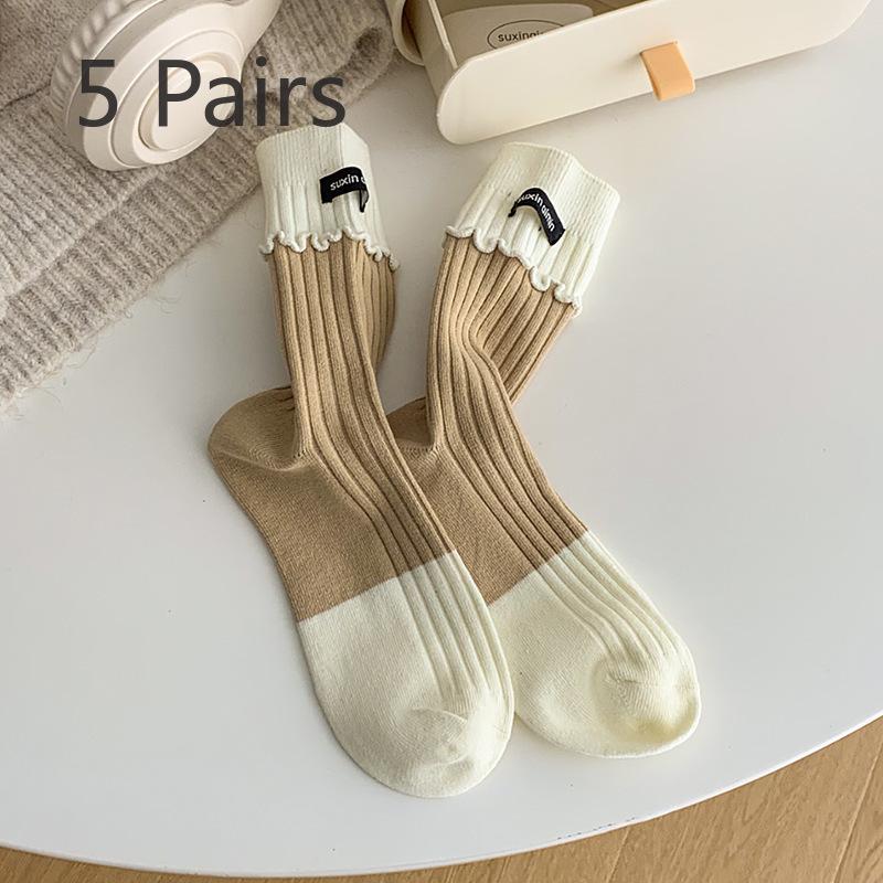 

5 пар женских носков для весны и лета, подходящих по цвету, с индивидуальными тканевыми этикетками, деревянными ушками по бокам, трубчатыми носками 5 Pairs хаки/кремовый